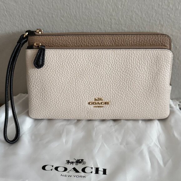 COACH - Leather Double Zip Wallet in Chalk / Black Multi - Picture 1 of 11